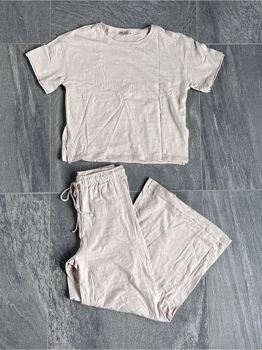 NEW Zenana 100% Cotton Relaxed Slub Short-Sleeved Top Pants Set Beige CSTP-3478 - Picture 6 of 16